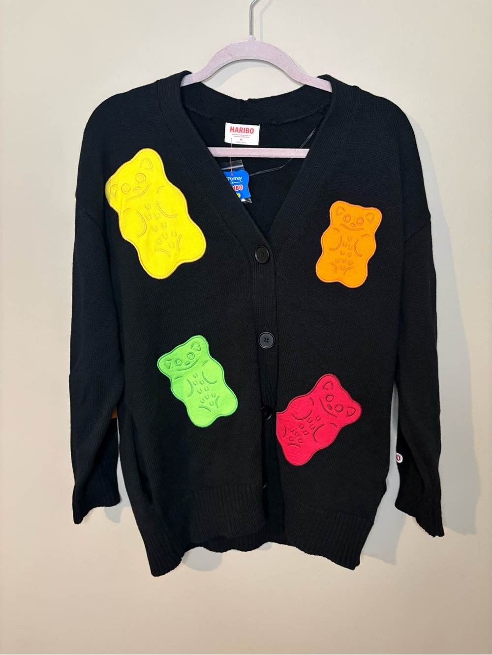 NEW Haribo Gummy Bears Women’s Black Appliqué Cardigan M Candy Kidcore Whimsical